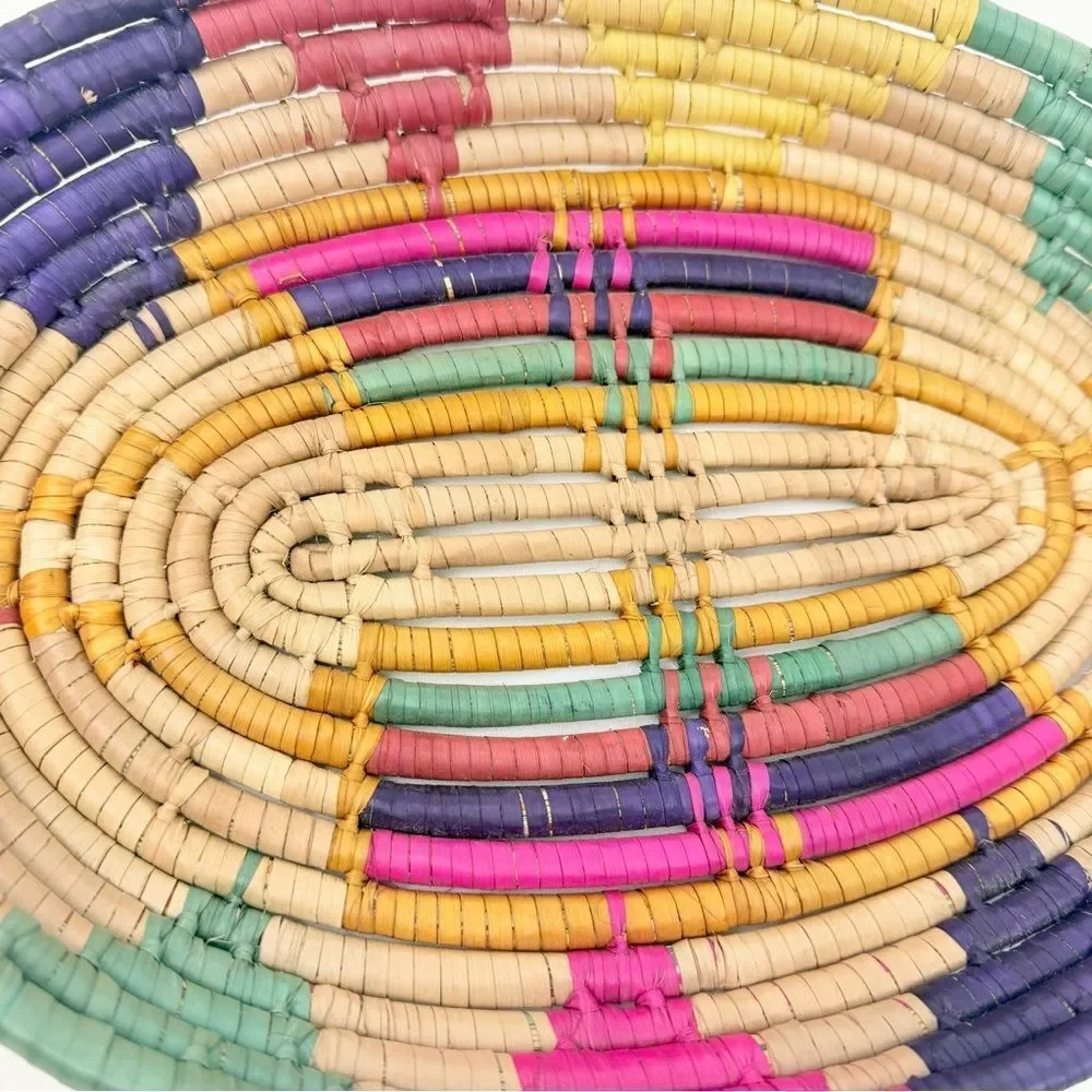 Colorful Woven Straw Oval Tray Basket Global Ethnic Tribal Southwestern